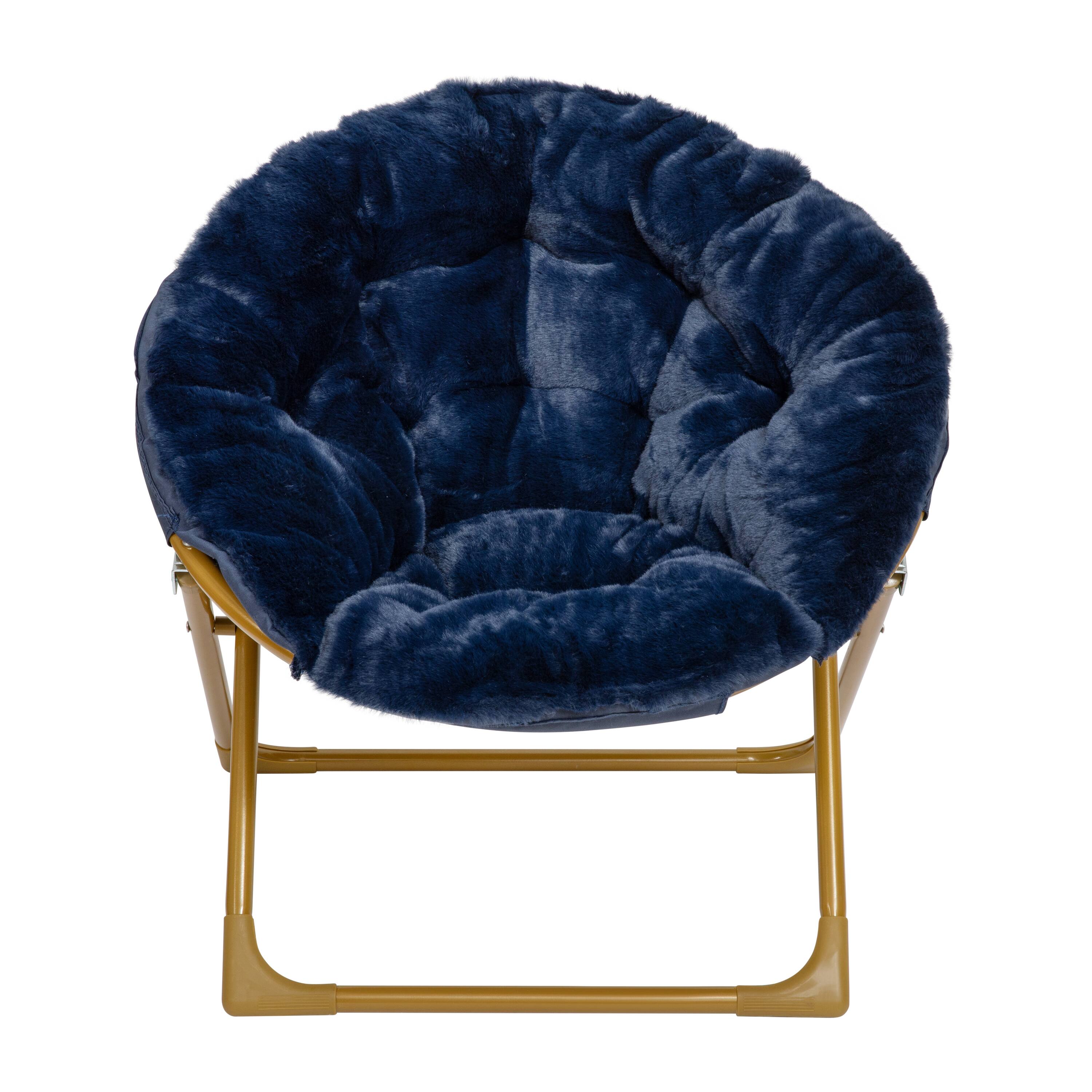 Alt View 9. Emma + Oliver - Io Kid's Folding Saucer Chair with Cozy Faux Fur Upholstery and Metal Frame for Playroom, Bedrooms, Nursery and More - Navy Faux Fur/Soft Gold Frame.