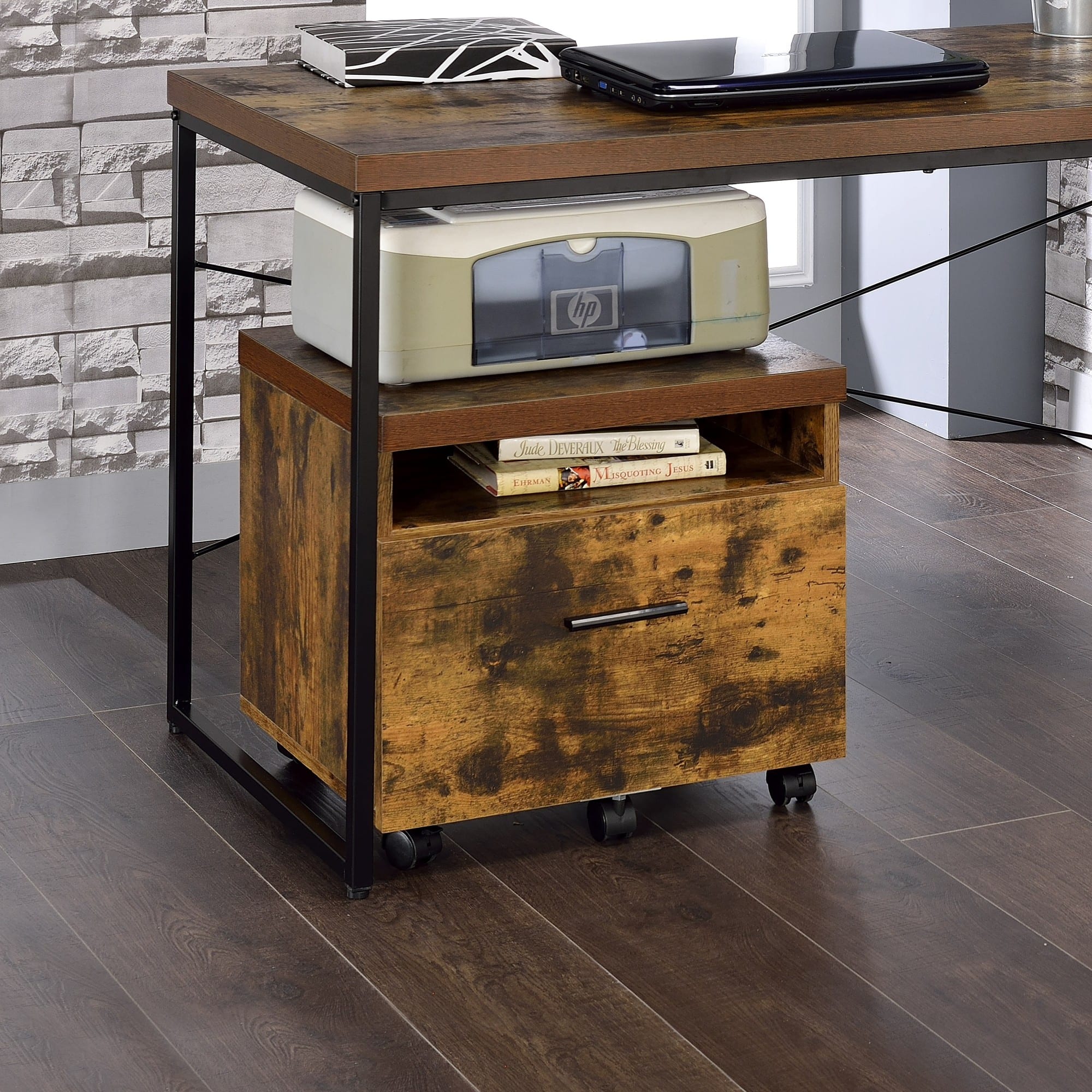 GOODSILO - Weathered and Black Finish File Cabinet with Open Compartment and Drawer for Office Storage - Oak