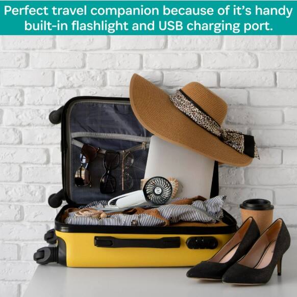 Perfect travel companion because of its handy built-in flashlight and USB charging port.