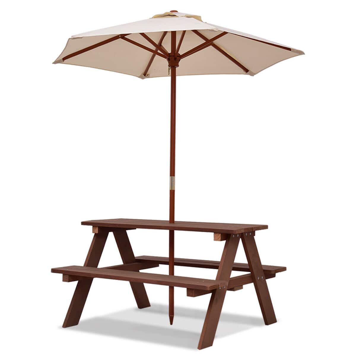 Gymax - Children Outdoor 4 Seat Kids Picnic Table Bench with Folding Umbrella - Brown