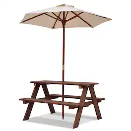 Gymax - Children Outdoor 4 Seat Kids Picnic Table Bench with Folding Umbrella - Brown