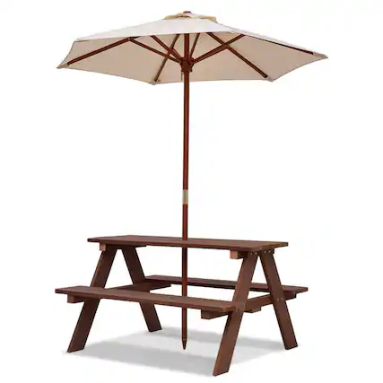 Front. Gymax - Gymax Children Outdoor 4 Seat Kids Picnic Table Bench with Folding Umbrella - Brown.