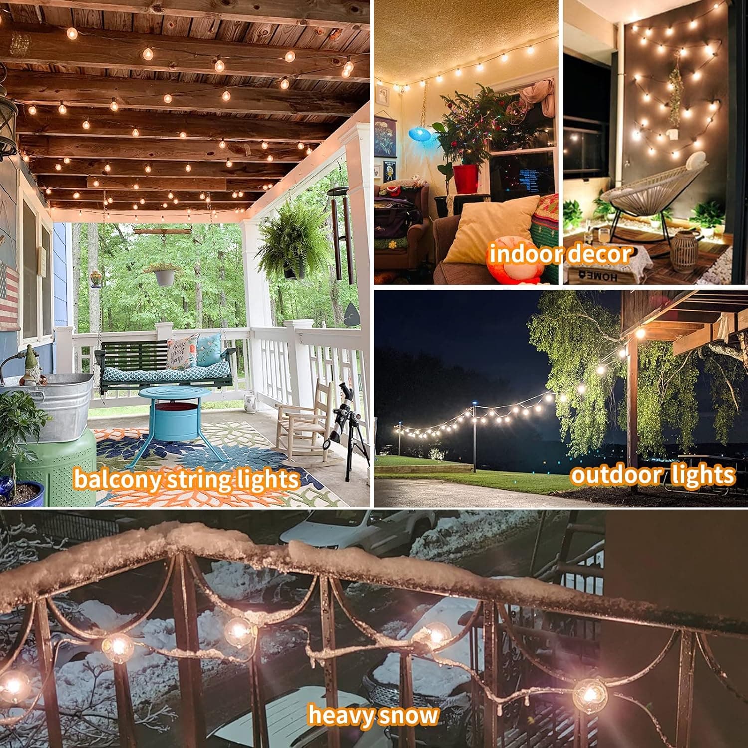 - Indoor decor
- Balcony string lights
- Outdoor lights
- Heavy snow