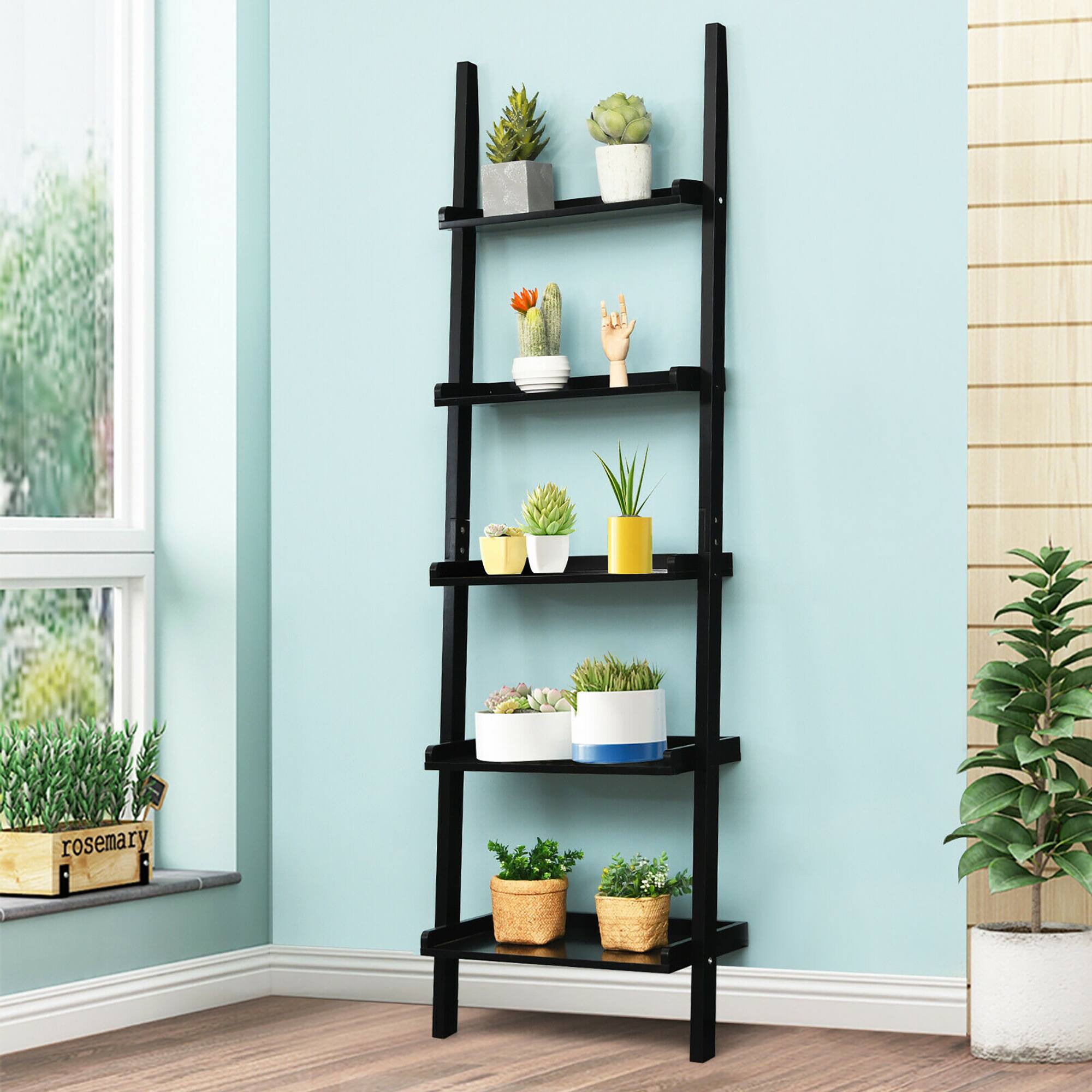 Alt View 15. Costway - Ladder Shelf 5-Tier Plant Stand Wall-leaning Bookcase Display Rack Black - Black.
