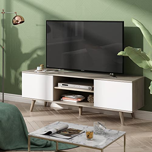 Hirose Alice - Tv Stand For 55 60 Inch Boho Entertainment Center With Storage Cabinets Console Living Room Decor Greige White - Greige-TVs up to 32-60"