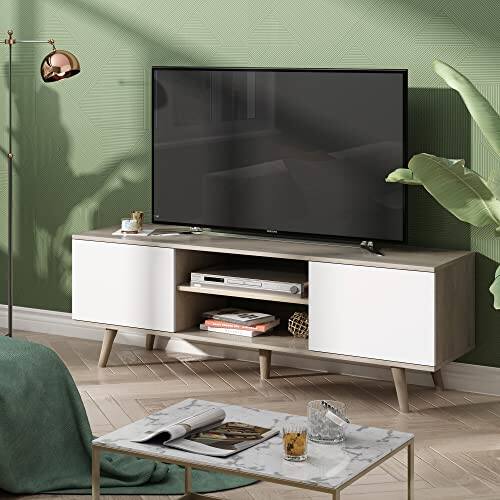 Front. Hirose Alice - Tv Stand For 55 60 Inch Boho Entertainment Center With Storage Cabinets Console Living Room Decor Greige White... - Greige-TVs up to 32-60".