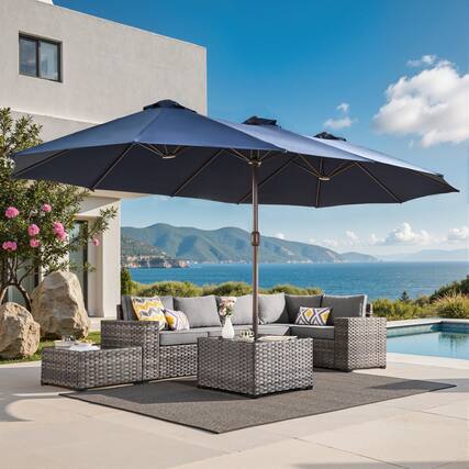 Front. Ovios - 15ft Large Patio Umbrella with Base Double-Sided Outdoor Rectangle Umbrella for Market Deck & Backyard - Dark Blue.