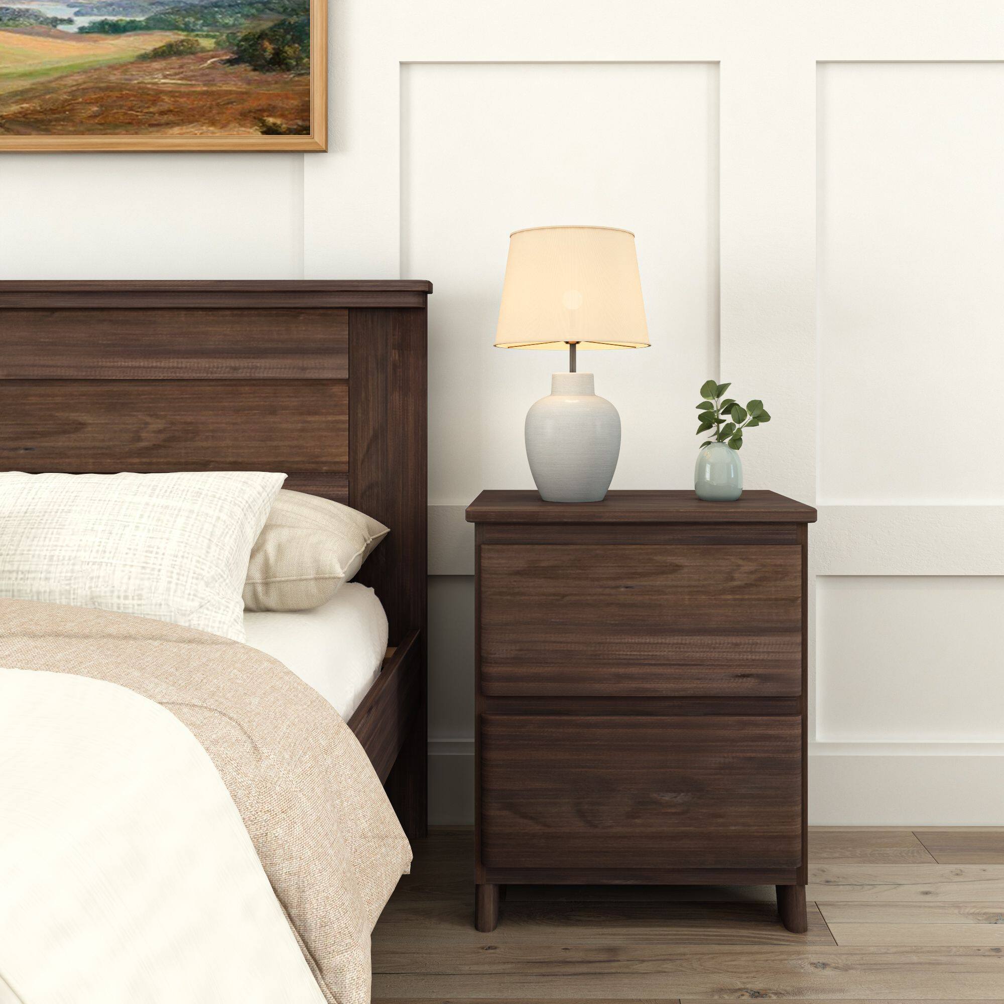 Alt View 1. Plank+Beam - Farmhouse Nightstand with 2 Drawers, Barnwood Brown - Barnwood Brown.