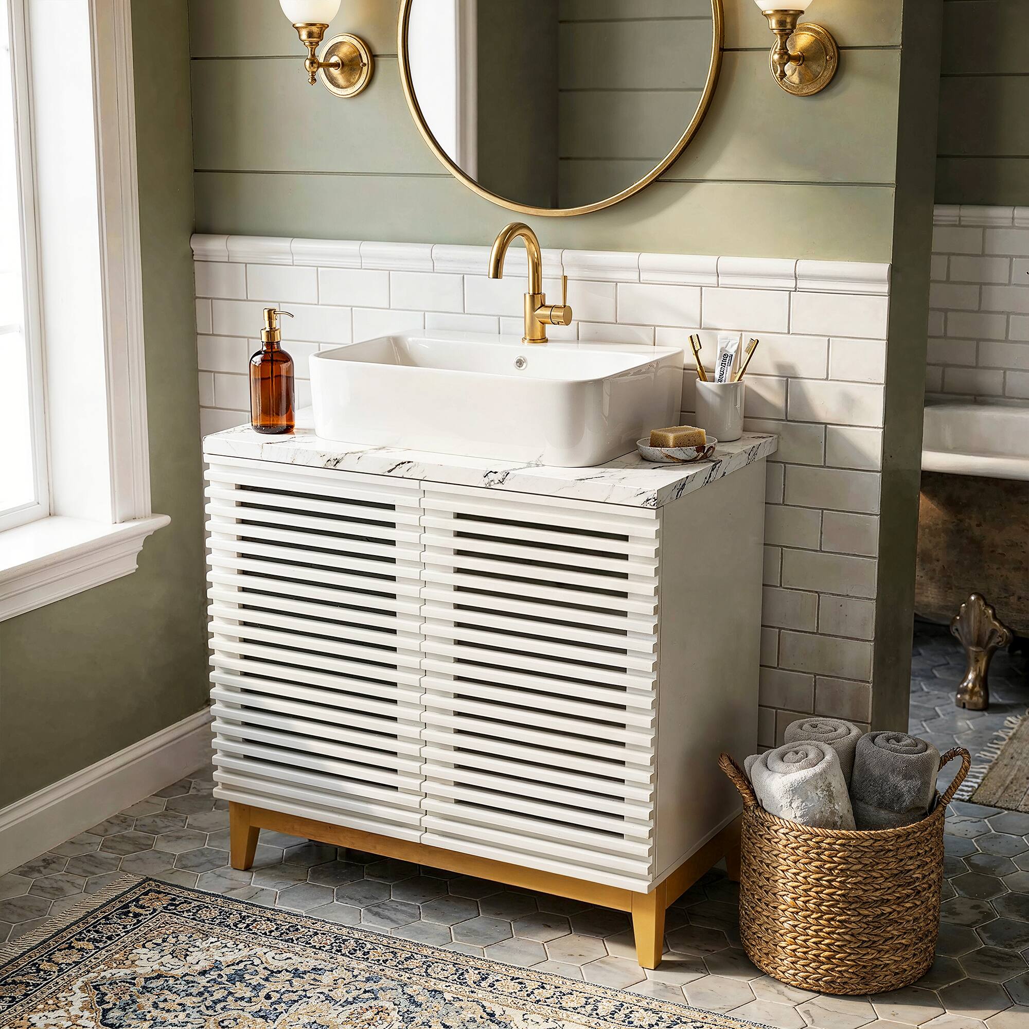 Alt View 5. FUFU & GAGA - Bathroom Vanity with Square Ceramic Vessel Sink – 22.2" Louvre Door Cabinet, Solid Wood Legs for Modern Farmhouse - White.