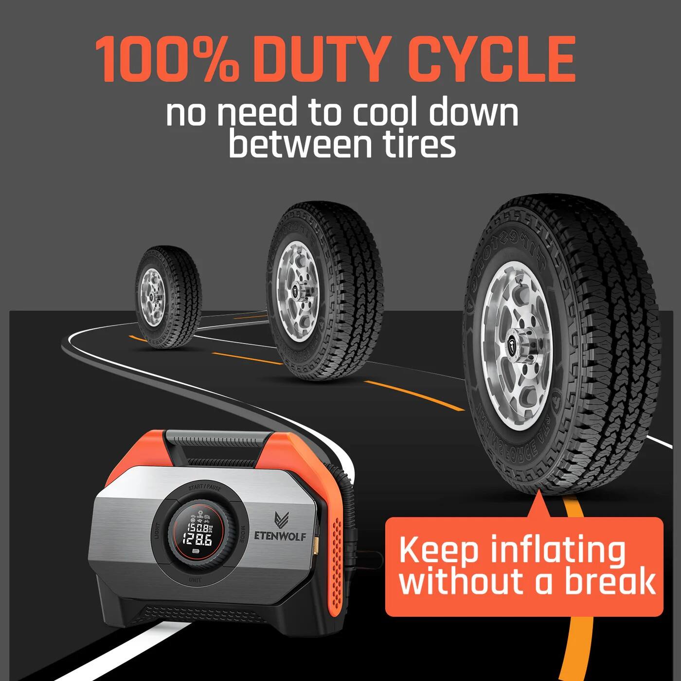 100% DUTY CYCLE  
no need to cool down between tires  

Keep inflating without a break
