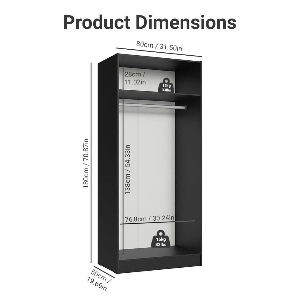 Product Dimensions

- Height: 180cm / 70.87in
- Width: 50cm / 19.69in
- Depth: 80cm / 31.50in

- Shelf 1:
  - Height: 28cm / 11.02in
  - Weight Capacity: 15kg / 33lbs

- Shelf 2:
  - Height: 76.8cm / 30.24in
  - Weight Capacity: 15kg / 33lbs

- Total Height: 138cm / 54.33in