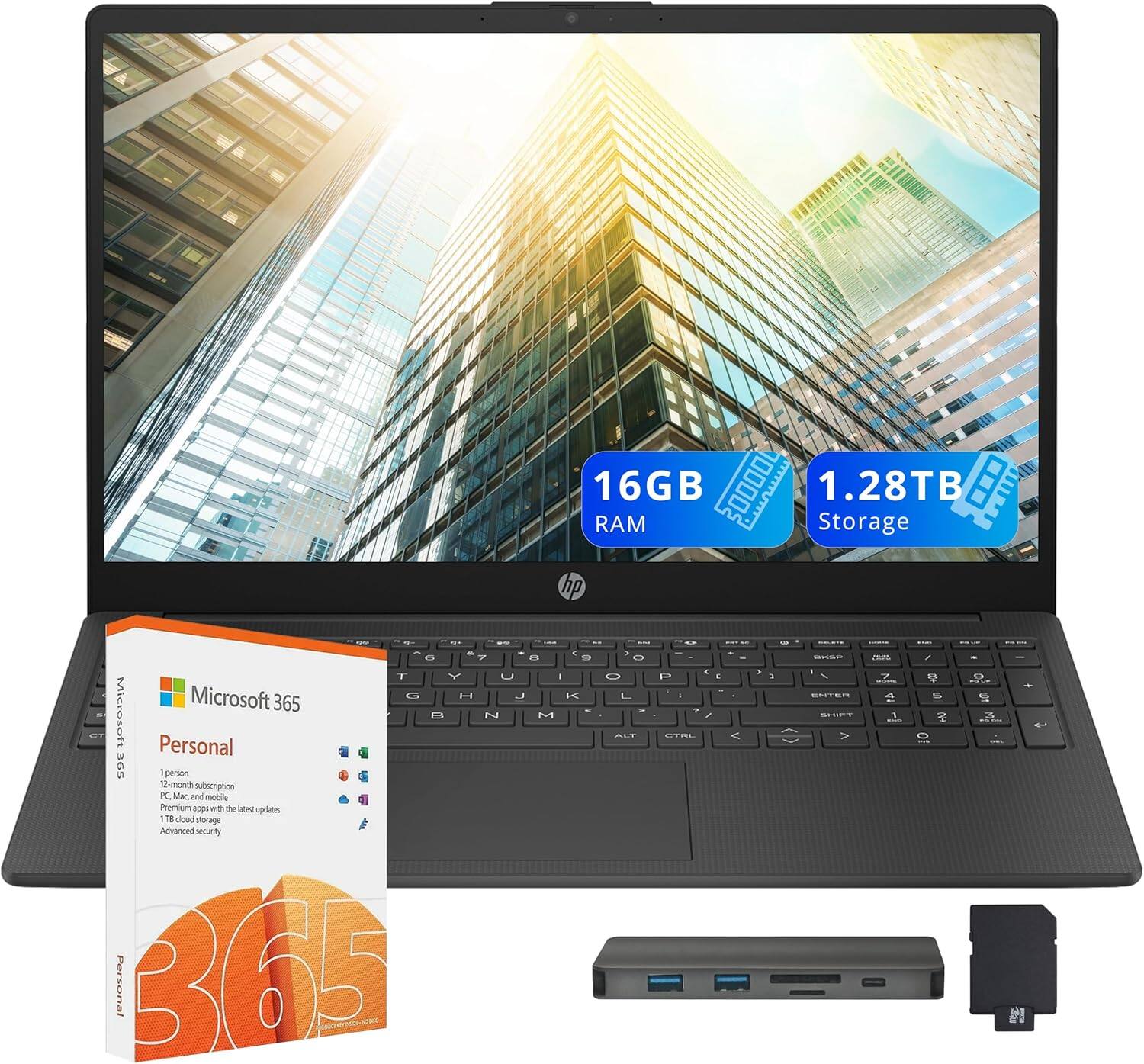 HP - 15.6" FHD Business Laptop,Intel Core 7-150U,16GB RAM,1TB SSD+288GB Dock Set,1 Year Office 365,Win 11 Home - Black