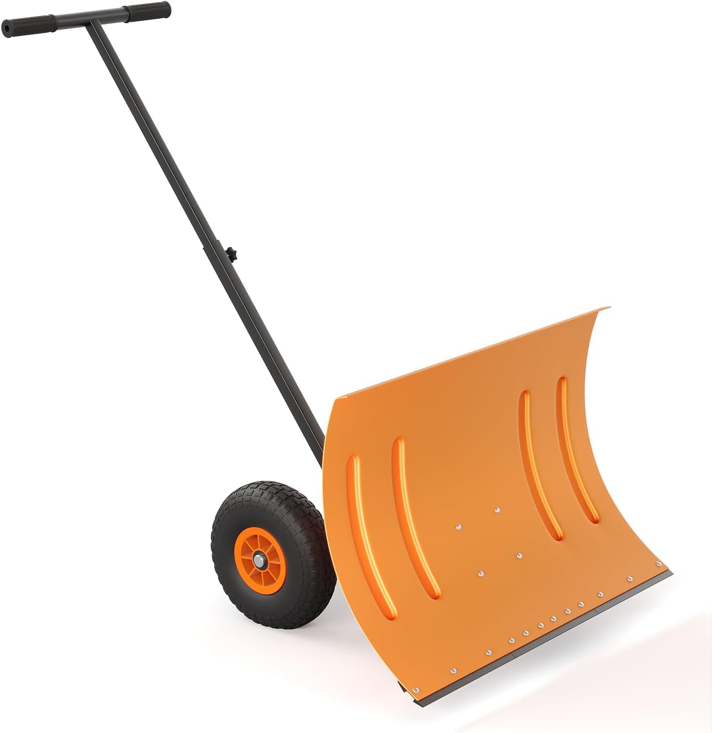 Front. GARVEE - Single Rod Snow Shovel with Wheels, 29 Inch Heavy Duty Steel Snow Pusher, Adjustable 5-Position Angle & Height Handle - Orange.