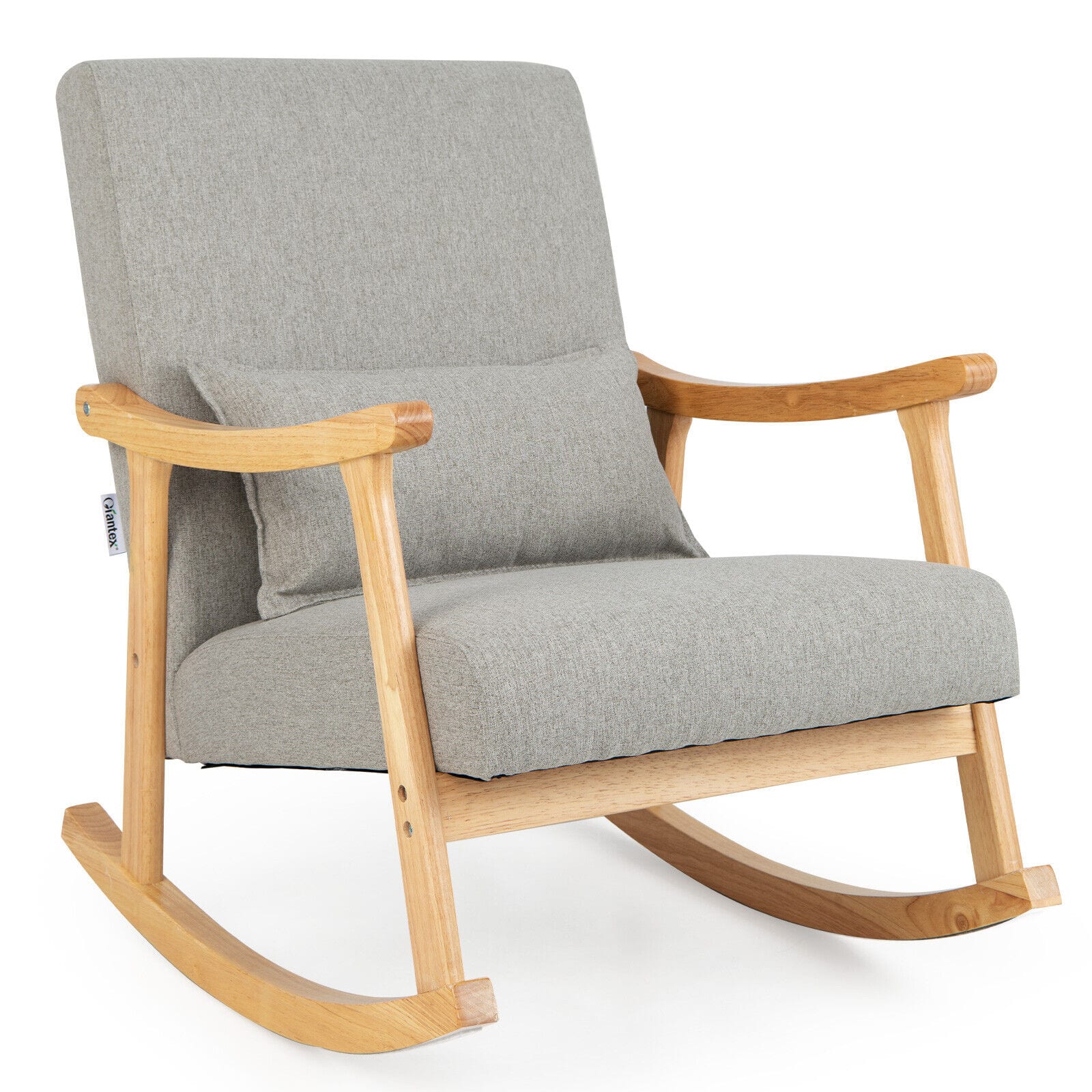 WELLFOR - Upholstered Rocking Chair with Pillow and Rubber Wood Frame - Gray