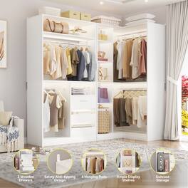 Aheaplus - 72" Freestanding Corner Closet System - 2-Piece Wood Wardrobe with Drawers & Hanging Rods - White