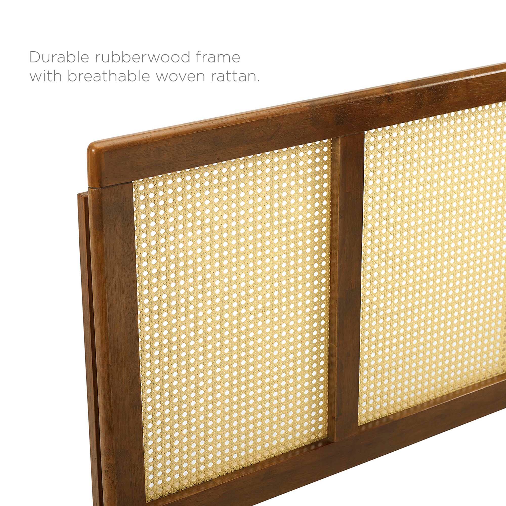 Durable rubberwood frame with breathable woven rattan.