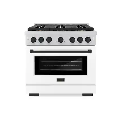 Front. ZLINE - ZLINE Autograph 36 in. Paramount Gas Range with 6 DuoPro Burners w/ White Door & Black Accents (PSGRZ-WM-36-MB) - Stainless Steel with White Matte Door.