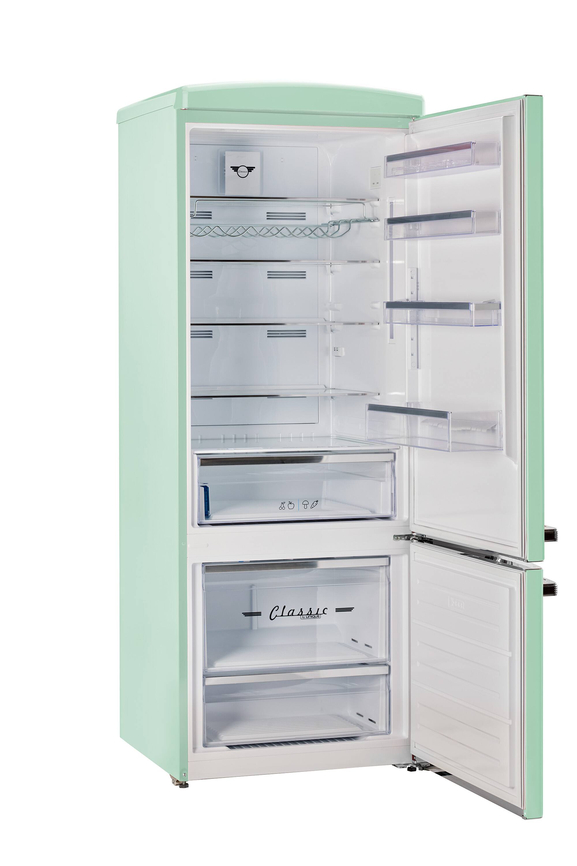 The text on the image reads "A 80 Classic VURO Do." This text is likely meant to describe the refrigerator, which is a green, two-door refrigerator with a freezer compartment. The text suggests that the refrigerator is a classic model and is made by the VURO brand.