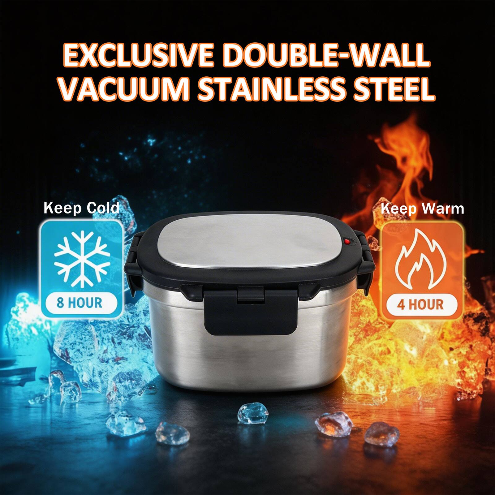 EXCLUSIVE DOUBLE-WALL VACUUM STAINLESS STEEL

Keep Cold 8 HOUR

Keep Warm 4 HOUR