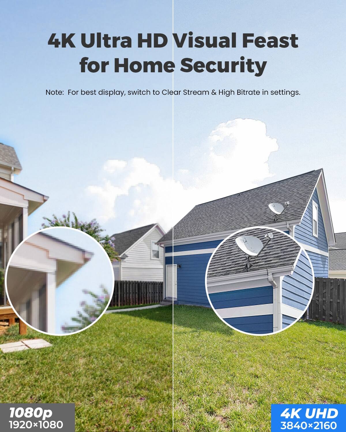 4K Ultra HD Visual Feast for Home Security  
Note: For best display, switch to Clear Stream & High Bitrate in settings.  

1080p 1920x1080  
4K UHD 3840x2160