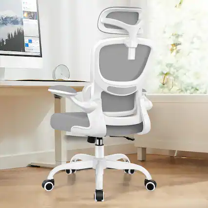 Front. Brick Attic - High Back Ergonomic Office Chair with Lumbar Support and Adjustable Headrest, Computer Chair with Flip-up Armrests - Light Grey.