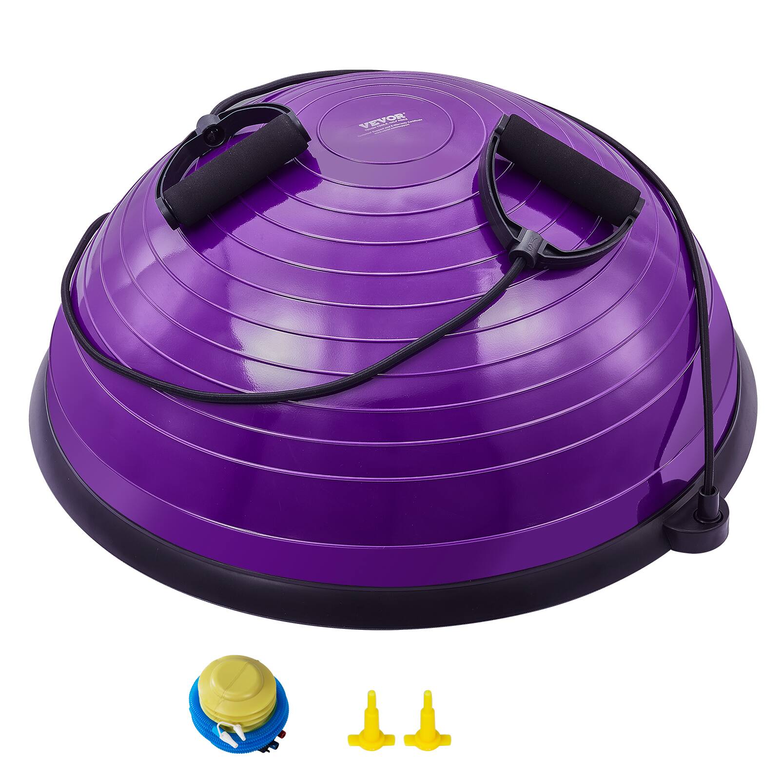 Front. VEVOR - Half Exercise Ball Trainer, 23 inch Balance Ball Trainer, 660lbs Stability Ball, Yoga Ball with Resistance Bands - Purple.