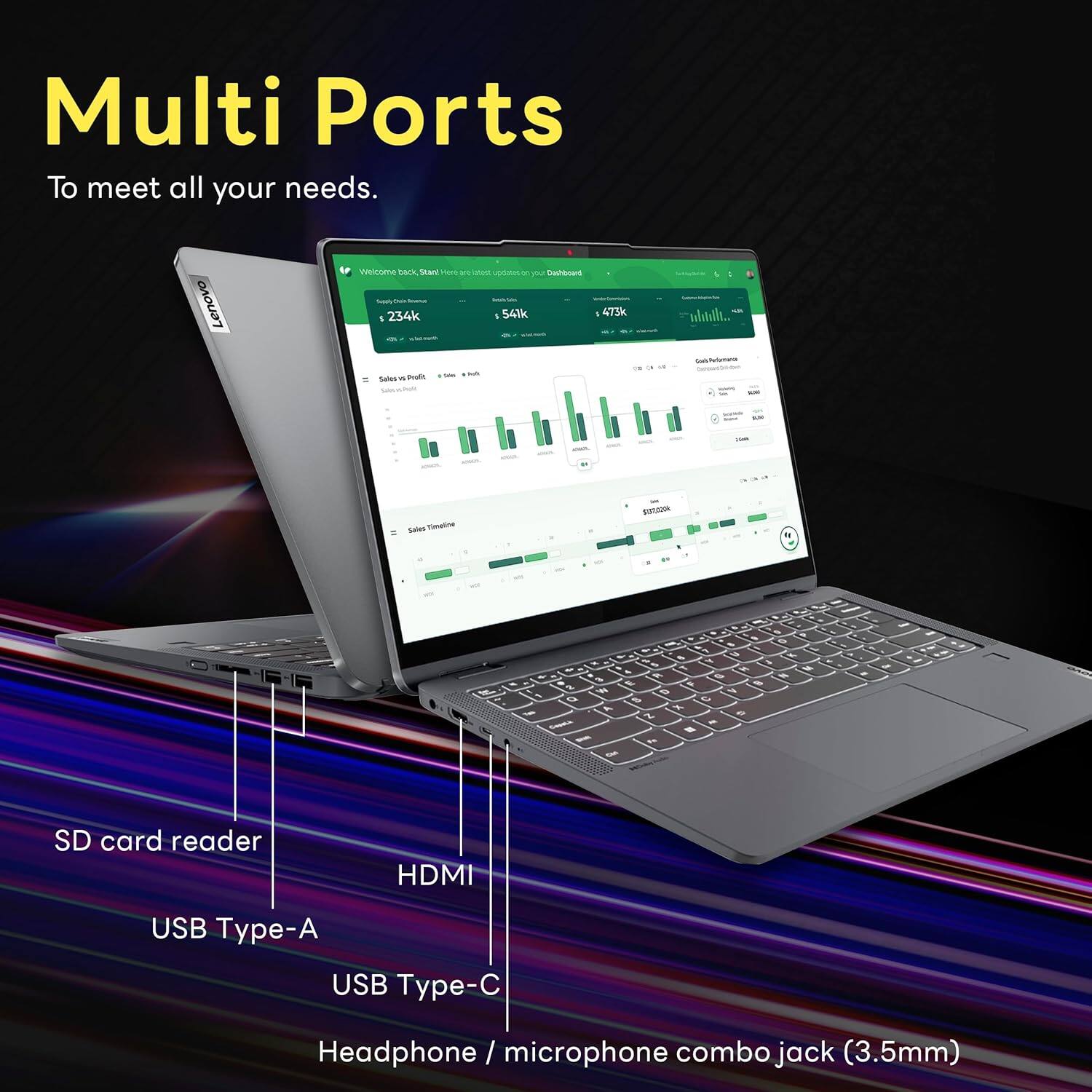 Multi Ports
To meet all your needs.
Lenovo
Welcome back, Stay here. Here are updates on your sales.
234k
547k
473k
Sales vs. Shift
Sales Timeline
SD card reader
HDMI
USB Type-A
USB Type-C
Headphone / microphone combo jack (3.5mm)