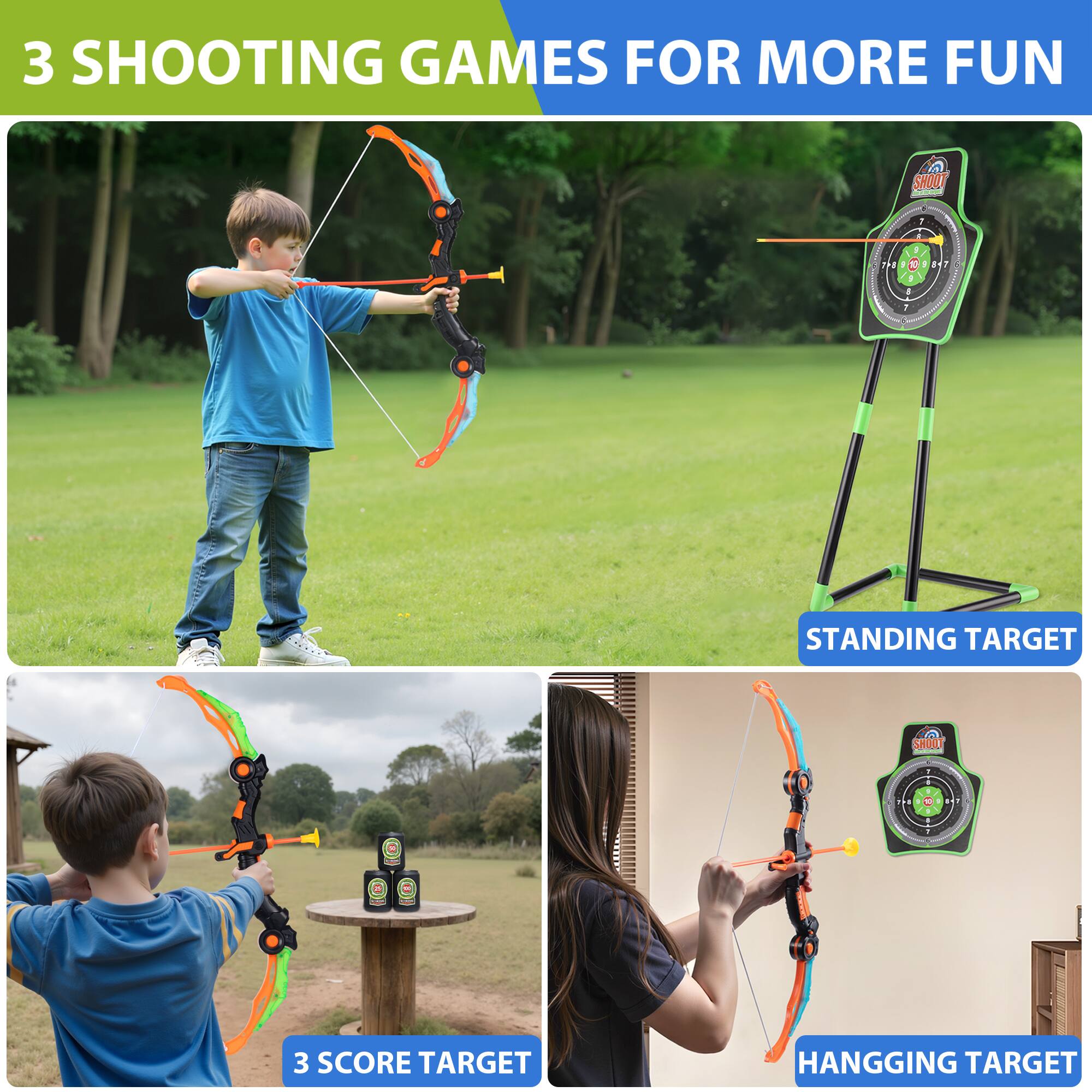 3 SHOOTING GAMES FOR MORE FUN

- STANDING TARGET
- 3 SCORE TARGET
- HANGING TARGET