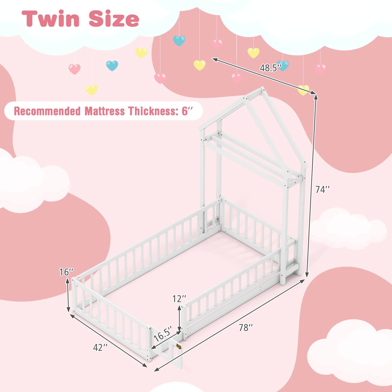 Twin Size: 48.5" Recommended Mattress Thickness: 6" 74" 16" 12" 42" 16.5" 78"