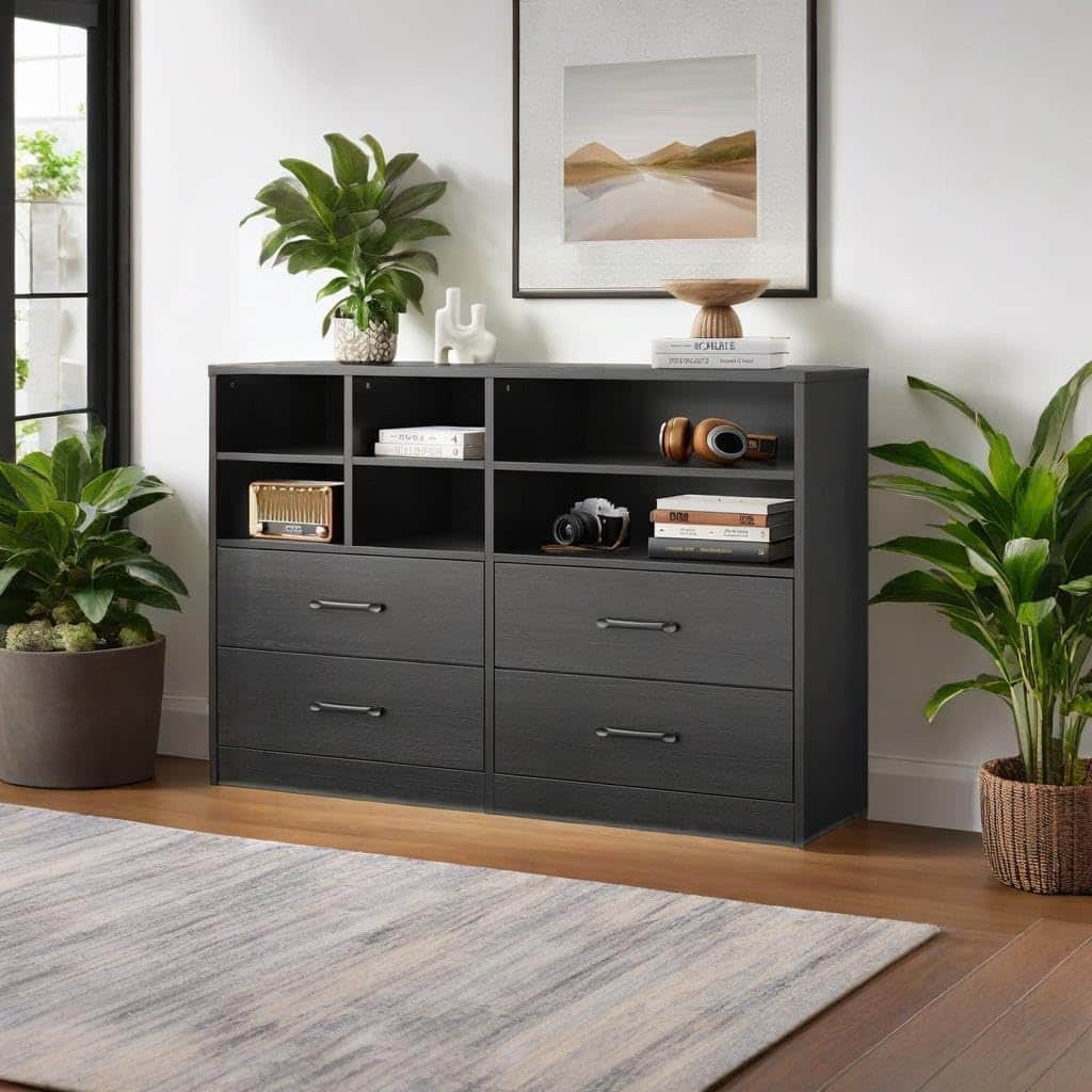 Acekool - 4-Drawer Dresser with 6 Cubbies, Adjustable Shelves, Modern TV Stand for Living Room, Hallway Storage - Black