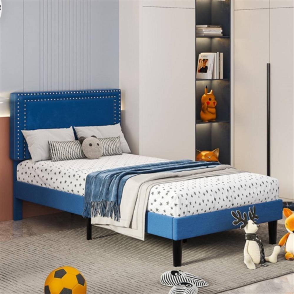 Back. Hivvago - Set of 2 - Twin Dark Blue Upholstered Platform Bed with Nailhead Trim Headboard - Dark Blue.