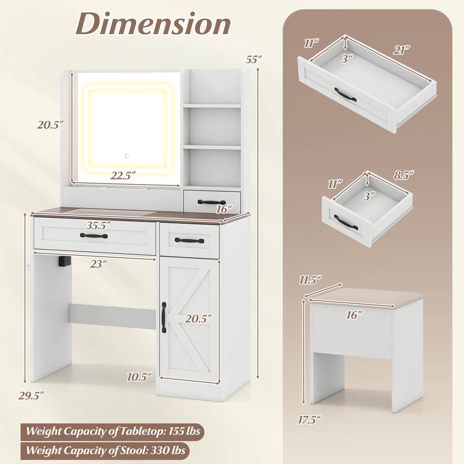 Dimension  
55"  
20.5"  
22.5"  
35.5"  
23"  
20.5"  
29.5"  
10.5"  
16"  
11"  
3"  
21"  
11"  
8.5"  
11.5"  
16"  
17.5"  

Weight Capacity of Tabletop: 155 lbs  
Weight Capacity of Stool: 330 lbs