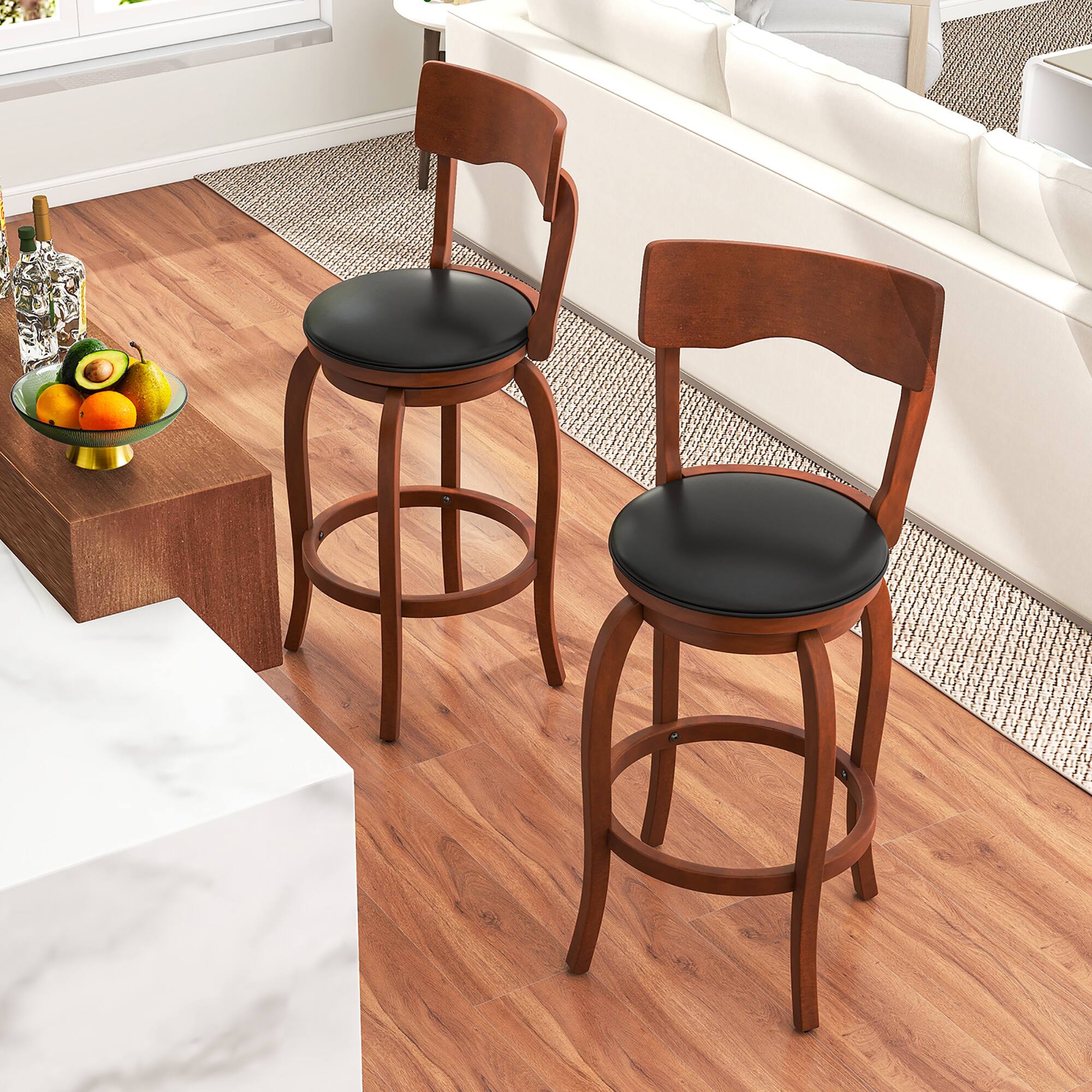 Alt View 3. Gymax - Gymax 29'' Swivel Bar Stools Set of 4 w/ Rubber Wood Frame Upholstered Seat Footrest - Brown, Black.
