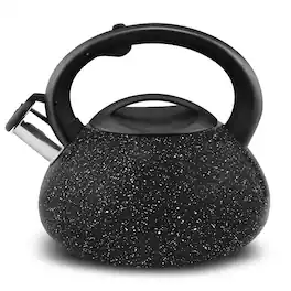 Elle Decor - 3Quart Whistling Tea Kettle with Heat Resistant Handle, Tapered Marble Finish Stovetop & Gas Tea Kettle - Black