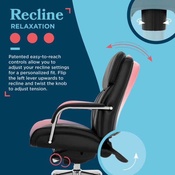 Recline RELAXATION

Patented easy-to-reach controls allow you to adjust your recline settings for a personalized fit. Flip the left lever upwards to recline and twist the knob to adjust tension.