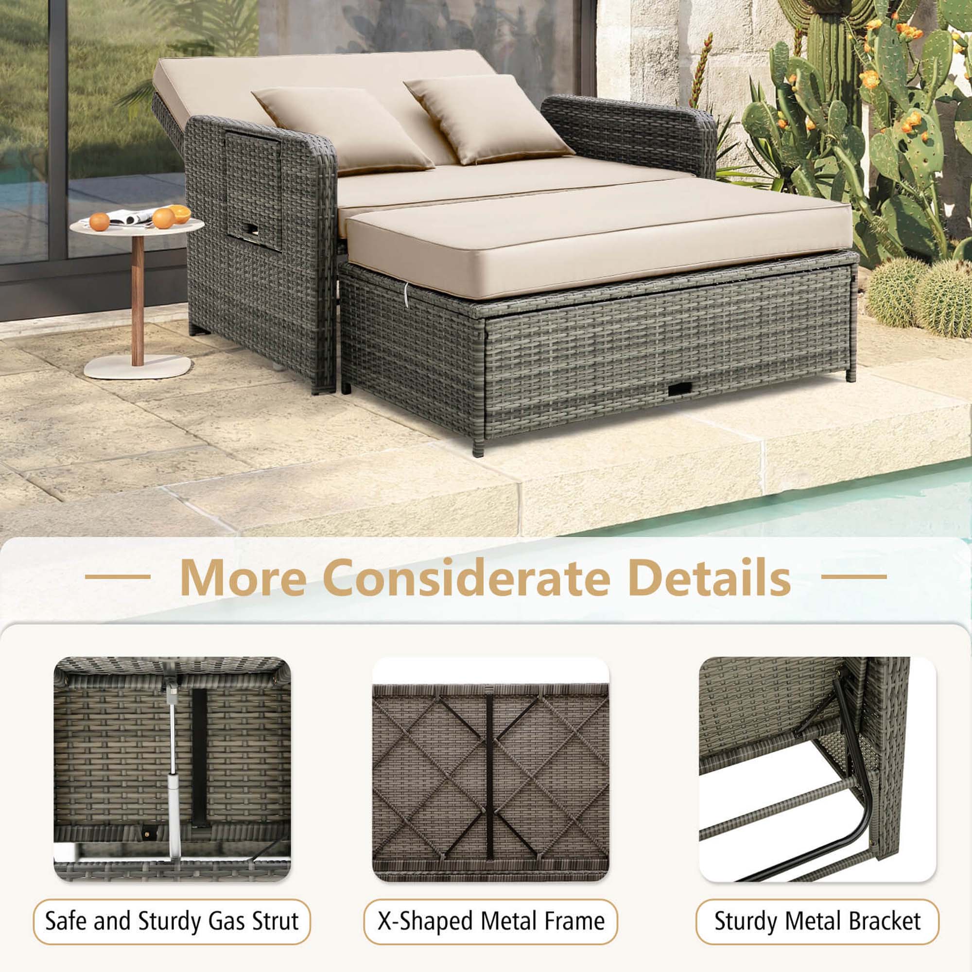 More Considerate Details:

1. Safe and Sturdy Gas Strut: The gas strut provides stability and support to the outdoor furniture, ensuring it remains in place and is safe to use.
2. X-Shaped Metal Frame: The metal frame of the outdoor furniture is designed to withstand various weather conditions and provide durability.
3. Sturdy Metal Bracket: The metal bracket is used to secure the furniture to the ground, preventing it from being blown away by wind or other external factors.