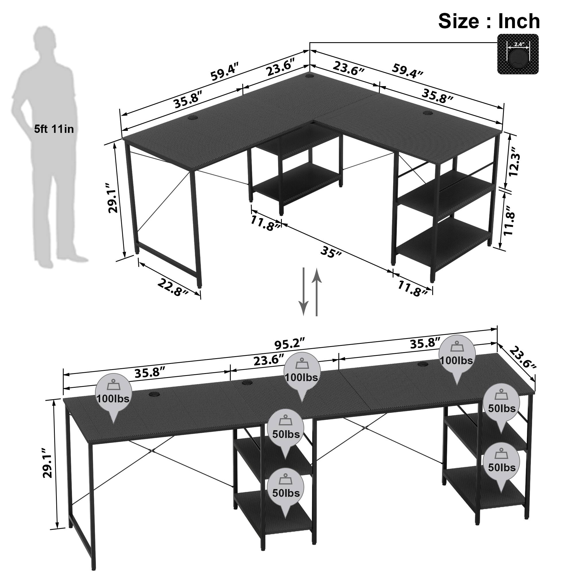 The text on the image is grouped and corrected as follows:

1. Size: 5ft 11in
2. 29.1"
3. 59.4"
4. 23.6"
5. 35.8"
6. 11.8%
7. 22.8"
8. 23.6"
9. 35"
10. 59.4"
11. 35.8"
12. 11.8"
13. 11.8"
14. 35.8"
15. 95.2"
16. 23.6"
17. 100lbs
18. 35.8"
19. 100lbs
20. 23.6"
21. 100lbs
22. 50lbs
23. 29.1"
24. 50lbs
25. 50lbs
26. 50lbs