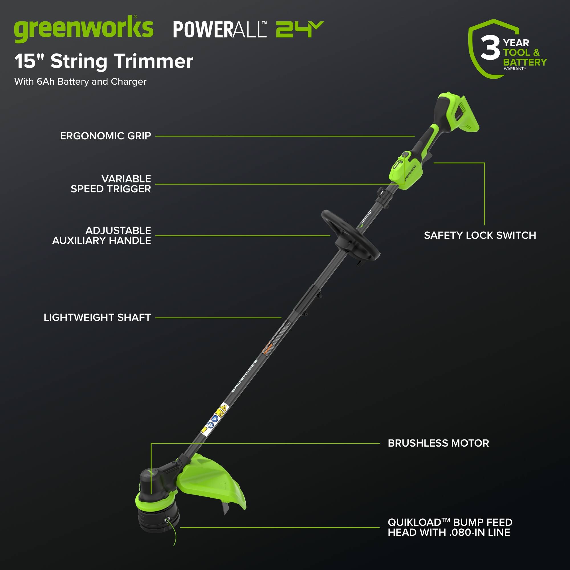 greenworks POWERALL 24V 15" String Trimmer With 6Ah Battery and Charger YEAR 3 TOOL & BATTERY CAOS ERGONOMIC GRIP VARIABLE SPEED TRIGGER ADJUSTABLE AUXILIARY HANDLE SAFETY LOCK SWITCH LIGHTWEIGHT SHAFT 1 BRUSHLESS MOTOR QUIKLOAD™ BUMP FEED HEAD WITH 0.80-IN LINE