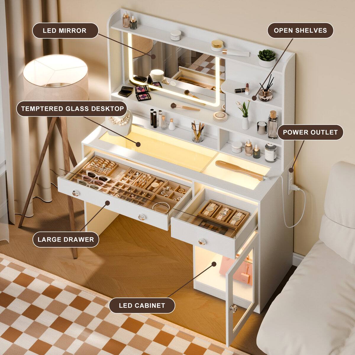 LED Mirror  
Open Shelves  
Tempered Glass Desktop  
Power Outlet  
Large Drawer  
LED Cabinet