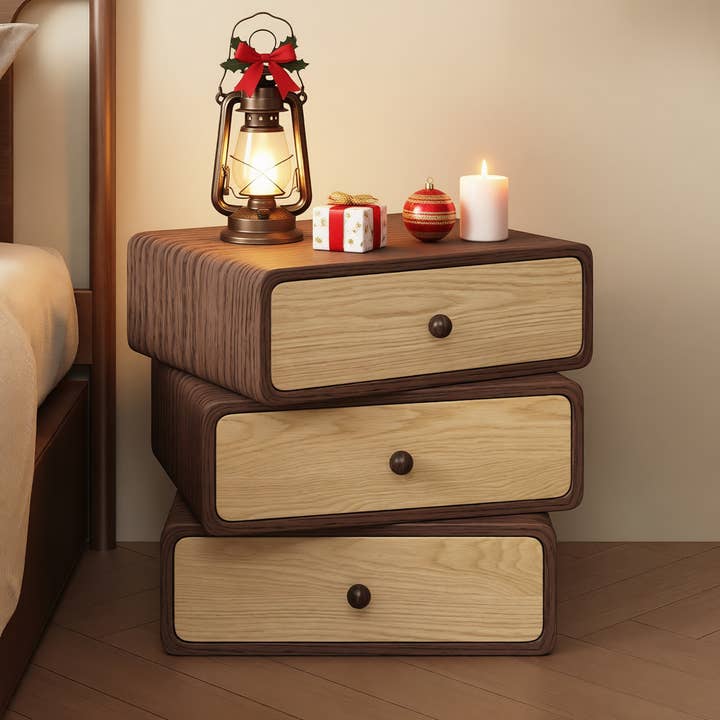 Front. VIVZONE - 360°3-Layer Rotatable Solid Wood Nightstand - Brown.