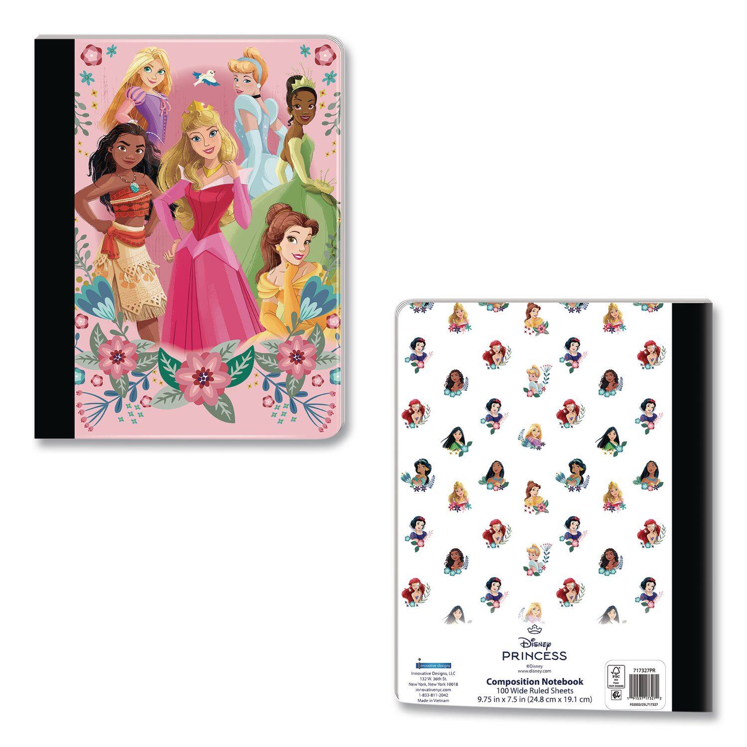 - migns w - i - - - - - - adidan -... - - : Disney PRINCESS d  
- Composition Notebook 100 Wide Ruled Sheets 9.75 in x 7.5 in (24.8 cm x 19.1 cm)  
- Innovation Design, LLC  
- New York, NY 10018  
- www.innovationdesign.com  
- 1-833-511-0022  
- Made in Taiwan  
- 77122PR  
- 6+  
- 9.75 x 7.5 in (24.8 cm x 19.1 cm)