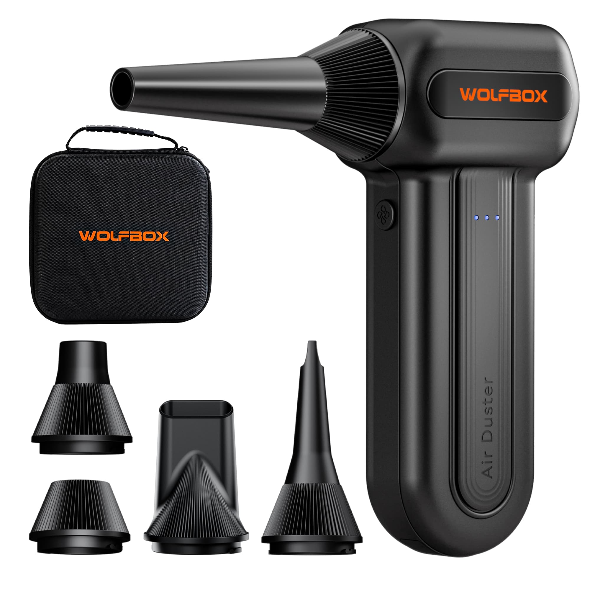 WOLFBOX - Compressed Air Duster 110000RPM Super Power Air Duster, 3-Speed Adjustable Air Blower with Hand Carrying Case - Black