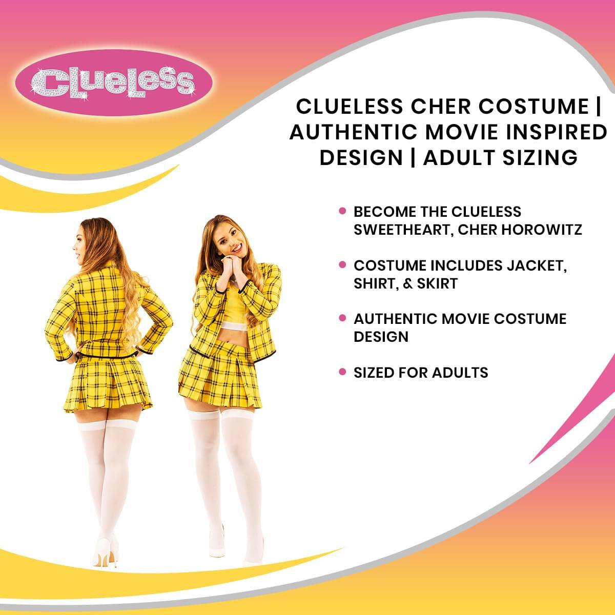 Clueless Cher Costume | Authentic Movie Inspired Design | Adult Sizing

- Become the Clueless Sweetheart, Cher Horowitz
- Costume includes Jacket, Shirt, & Skirt
- Authentic Movie Costume Design
- Sized for Adults