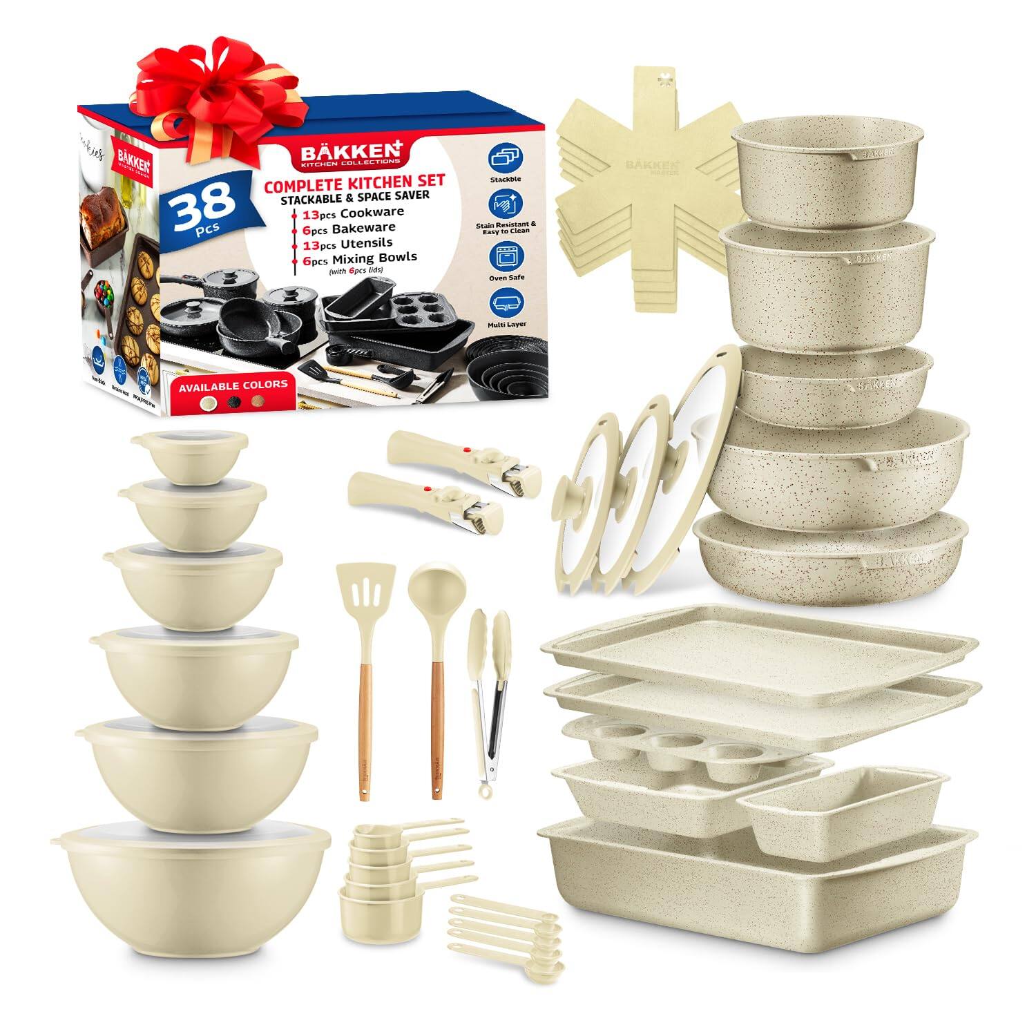 Bakken- Swiss - Bakken Master 38-Piece Set – Nonstick Granite Cookware, Detachable Handles, Glass Lids, Bakeware, Bowls - White