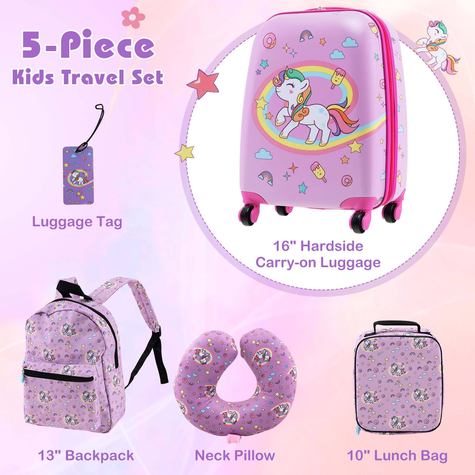 5-Piece Kids Travel Set: Luggage Tag, 16" Hardside Carry-on Luggage, 13" Backpack, Neck Pillow, 10" Lunch Bag.
