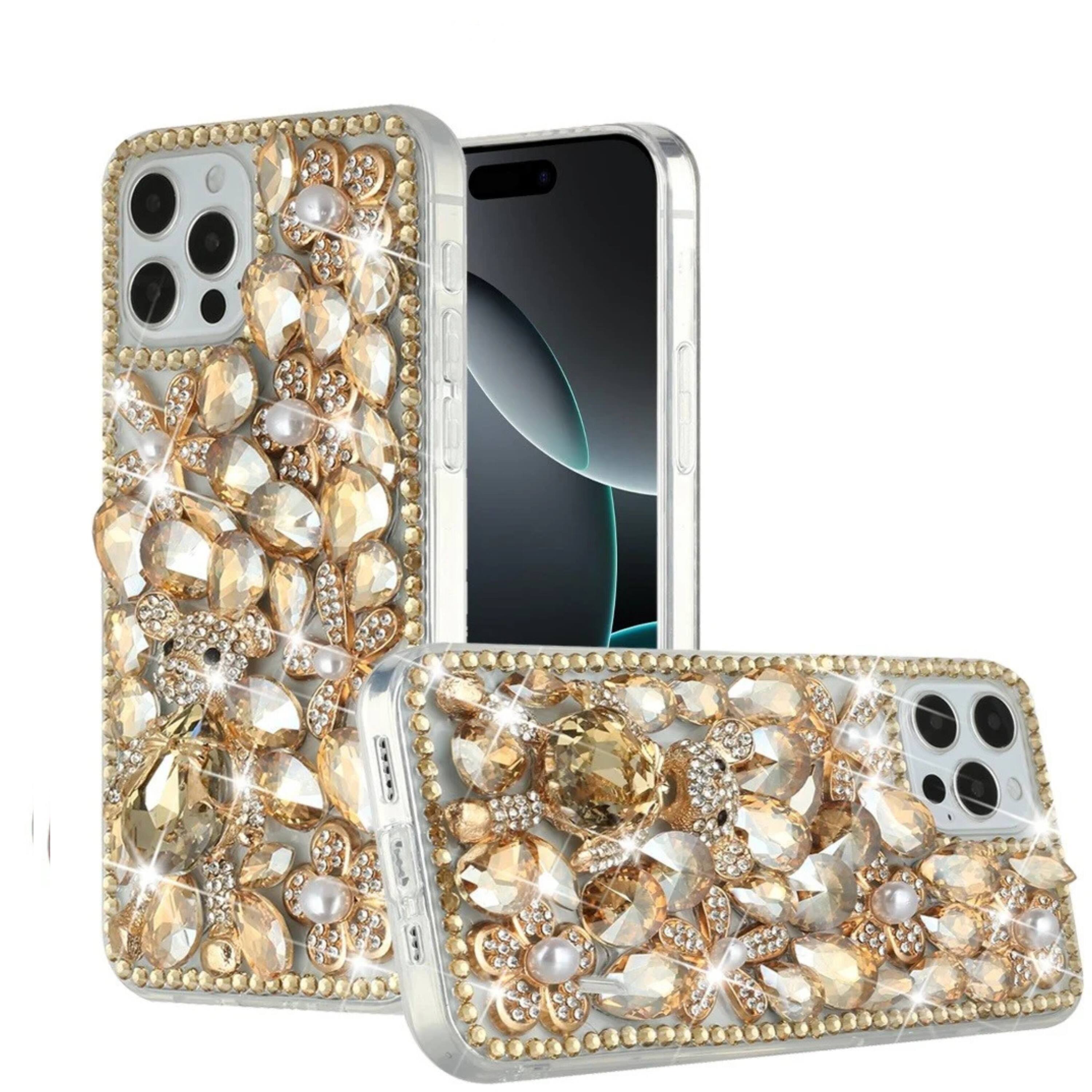 Front. Kitcheniva - Full Diamond 3D Jewel Ornament Phone Case With Tempered Glass For iPhone 16 Pro Max Gold Floral - Gold.