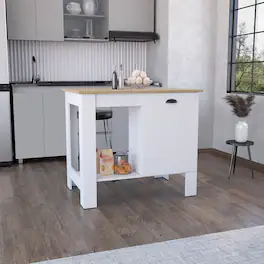 Loheer - Kitchen Island with Single Door Cabinet and Macadamia Finish Top - White