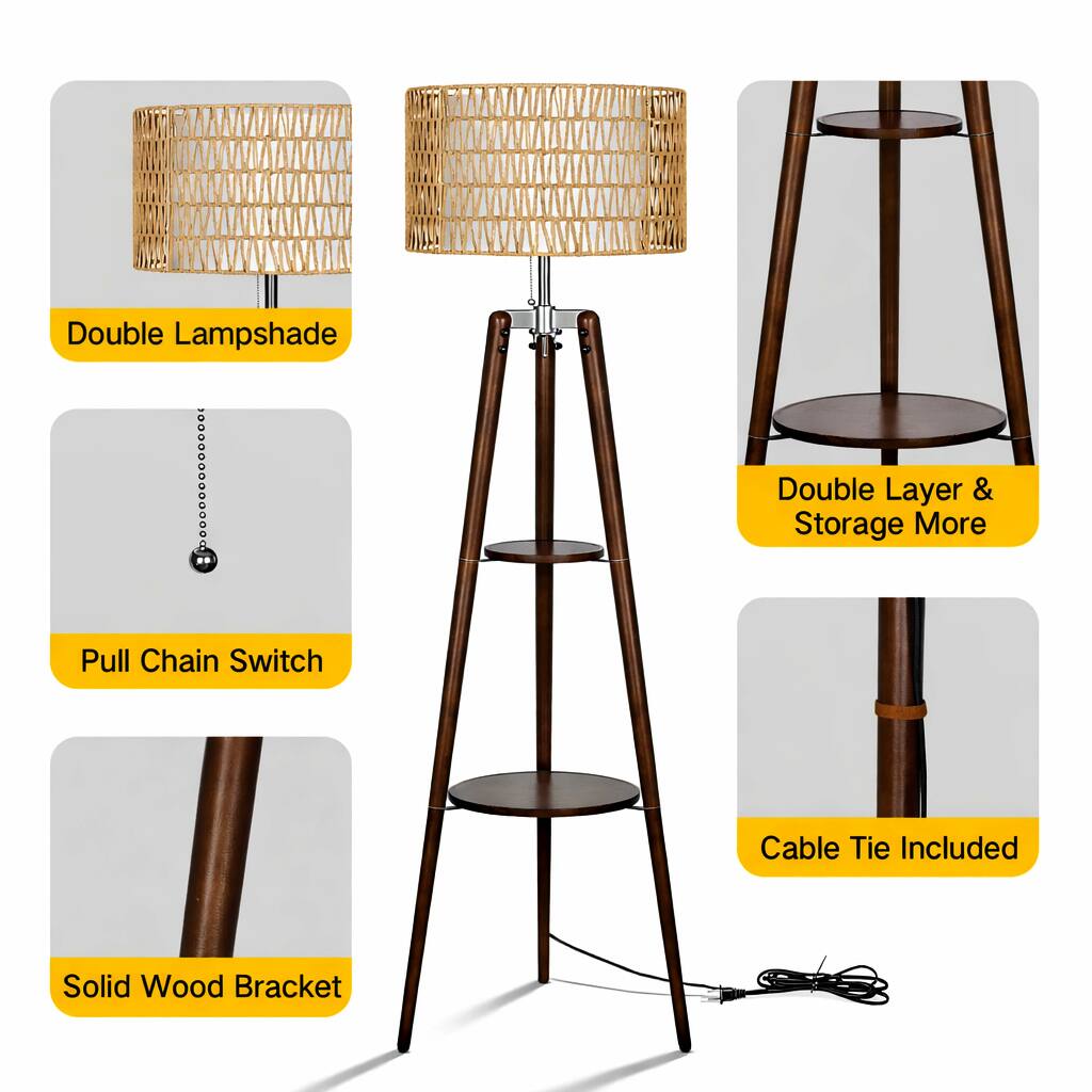 Double Lampshade  
Double Layer & Storage More  
Pull Chain Switch  
Cable Tie Included  
Solid Wood Bracket