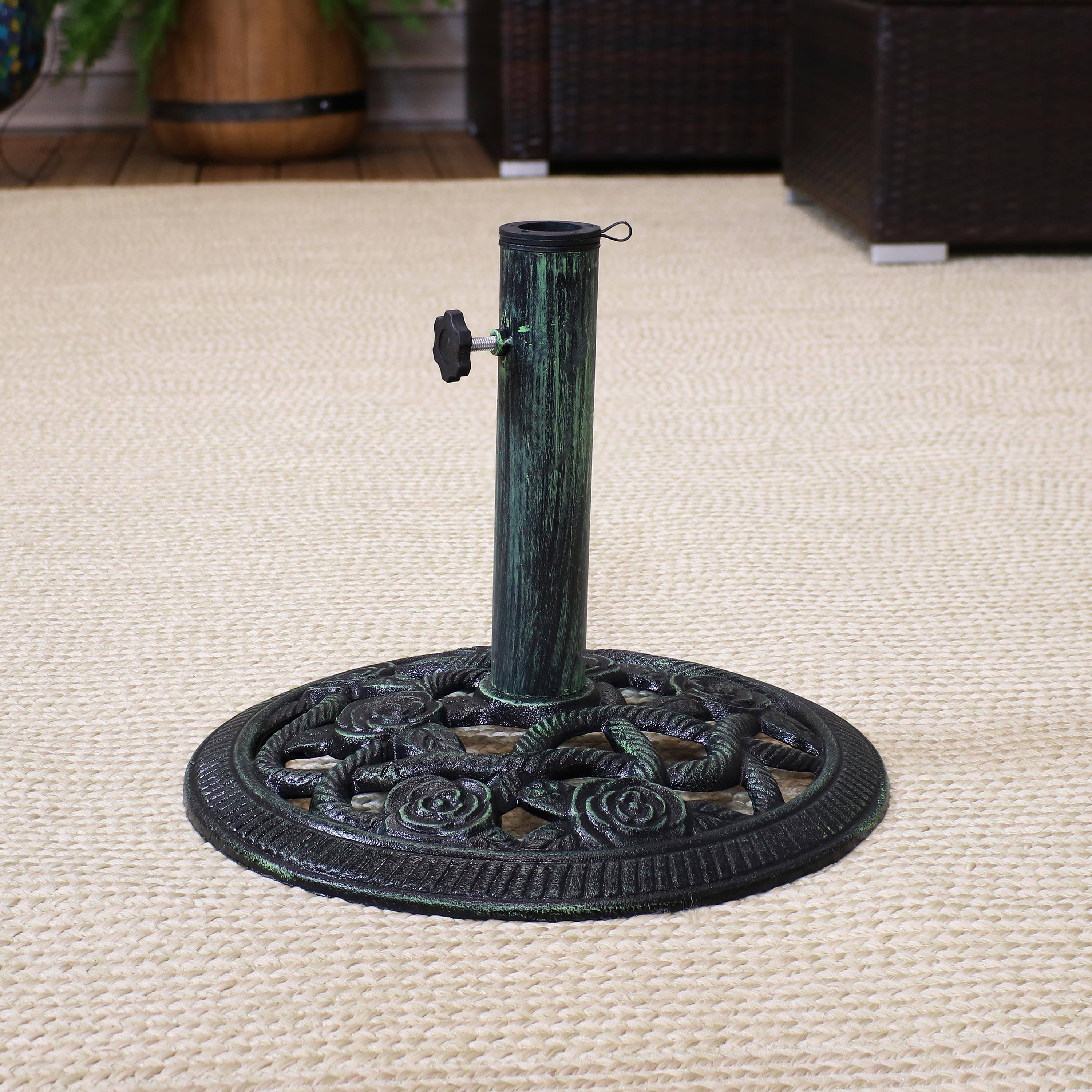 Alt View 3. Sunnydaze - 16 in Rose Blossom Cast Iron Round Patio Umbrella Base - Green.
