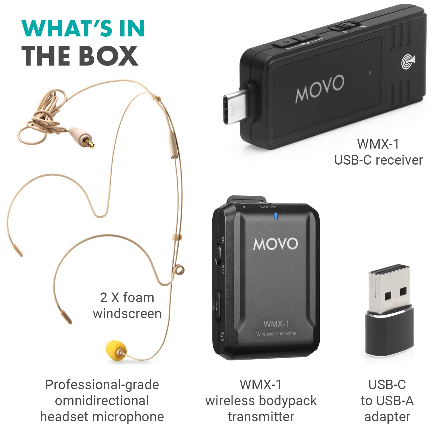 WHAT'S IN THE BOX

- WMX-1 USB-C receiver
- WMX-1 Wireless Transmitter
- 2 X foam windscreen
- Professional-grade omnidirectional headset microphone
- USB-C to USB-A adapter